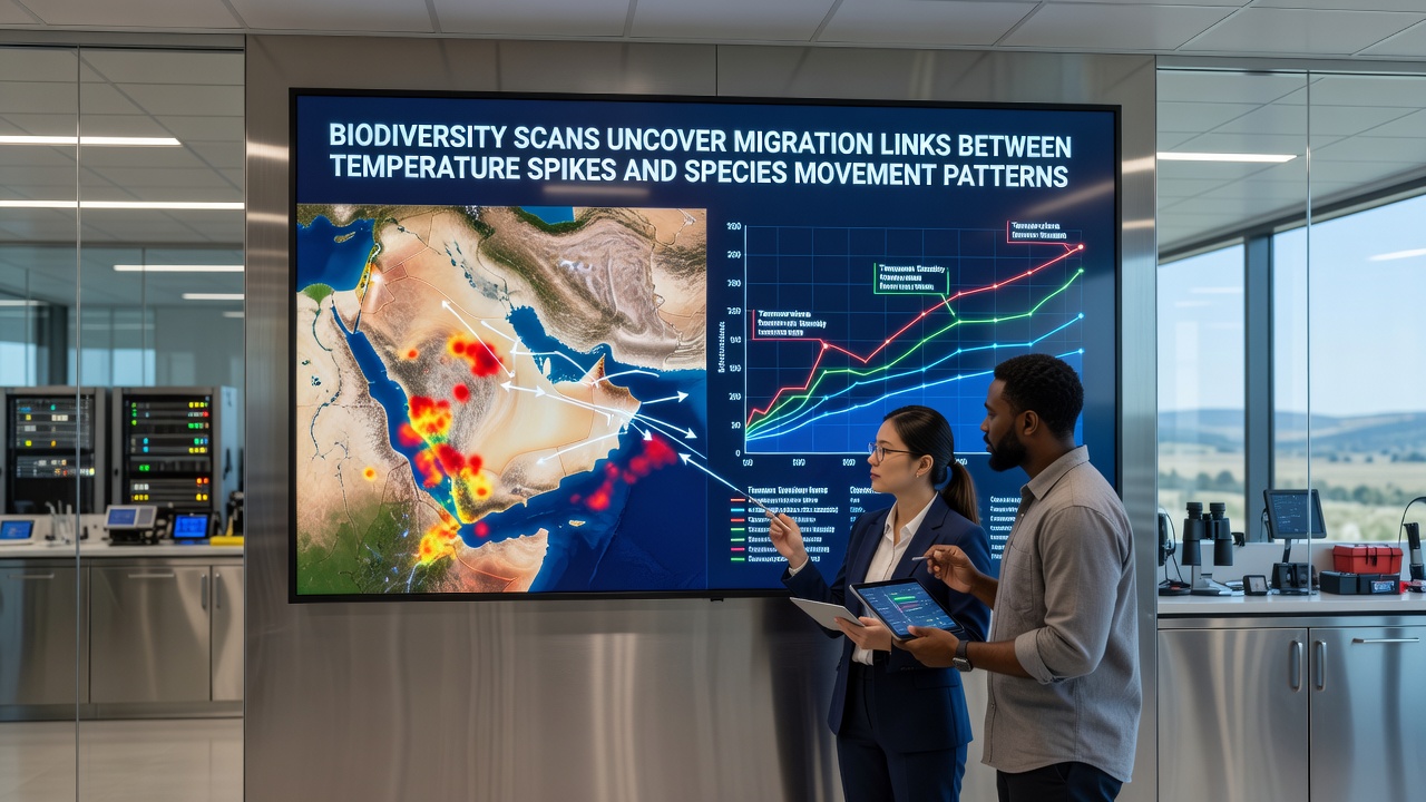 Detailed maps and charts from biodiversity scans illustrating species distribution changes linked to temperature events